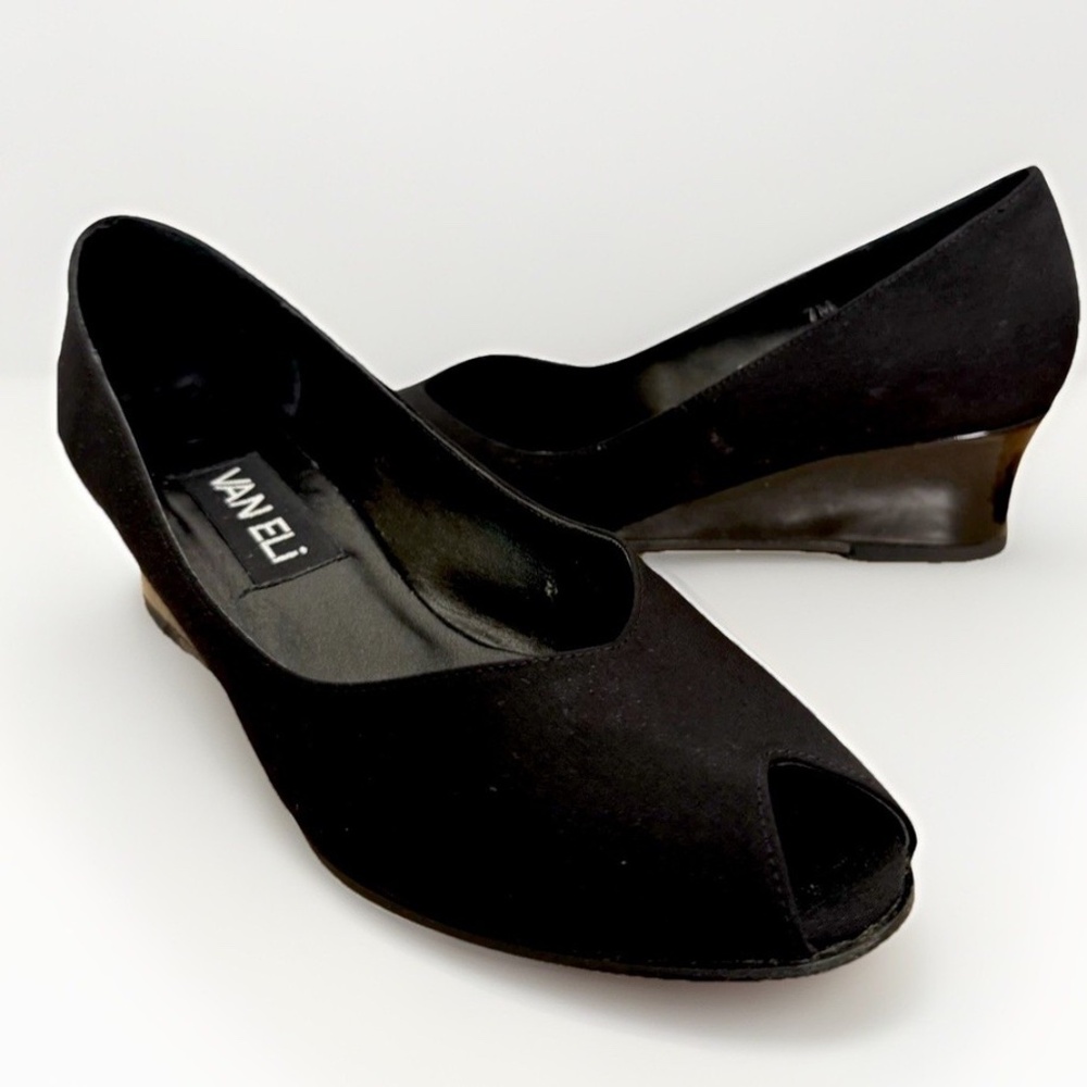 Vaneli Black Microfiber Peep Toe Shiny Patent Wedge Size 7M